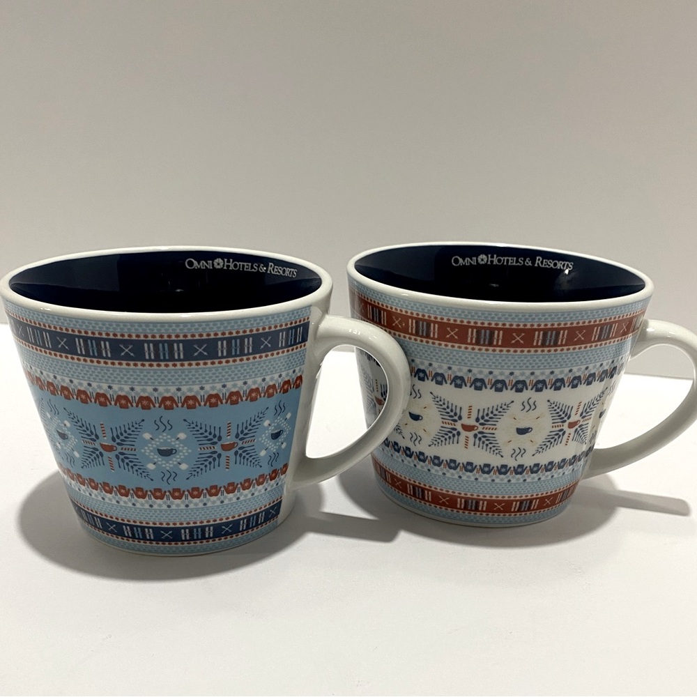 2 Honey & Hank Omni Hotels & Resorts Mugs Blue Red Fair Isle Sweater Design
